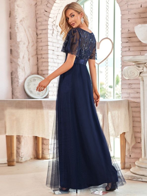 Women's A-Line Sequin Leaf Maxi Prom Dress with Sleeves - Navy Blue