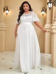 Women’s A-Line Short Sleeve Embroidery Floor Length Evening Dresses – White