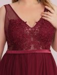 Women’s A-Line V-Neck Floral Lace Appliques Bridesmaid Dress – Burgundy