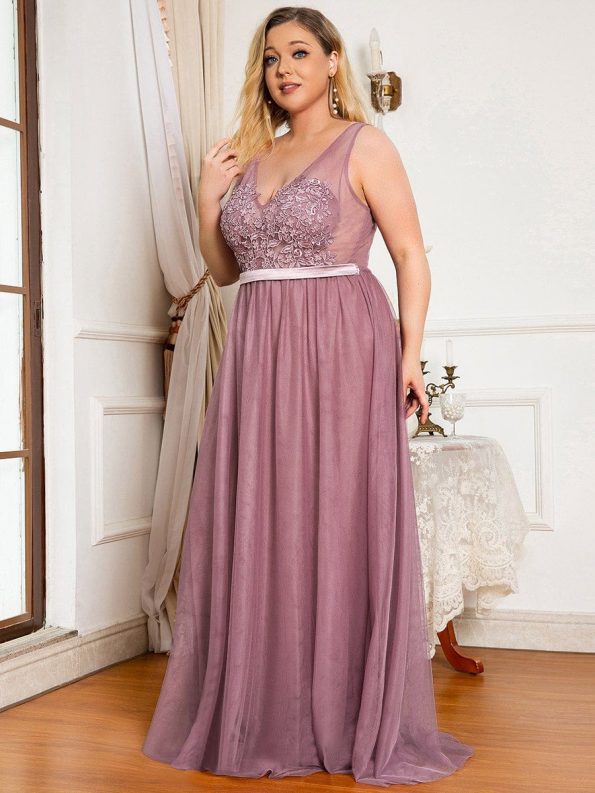 Women's A-Line V-Neck Floral Lace Appliques Bridesmaid Dress - Purple Orchid