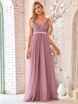 Women’s A-Line V-Neck Floral Lace Appliques Bridesmaid Dress – Purple Orchid