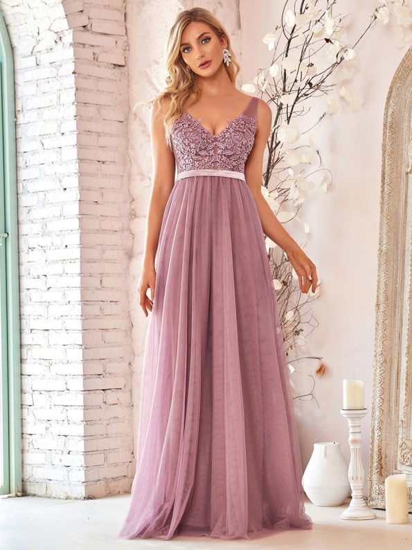 Women's A-Line V-Neck Floral Lace Appliques Bridesmaid Dress - Purple Orchid