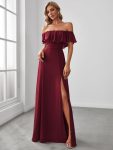 Women’s Off Shoulder Ruffle Thigh Slit Bridesmaid Dresses – Burgundy