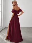 Women’s Off Shoulder Ruffle Thigh Slit Bridesmaid Dresses – Burgundy