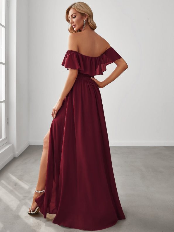 Women's Off Shoulder Ruffle Thigh Slit Bridesmaid Dresses - Burgundy