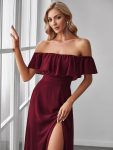 Women’s Off Shoulder Ruffle Thigh Slit Bridesmaid Dresses – Burgundy