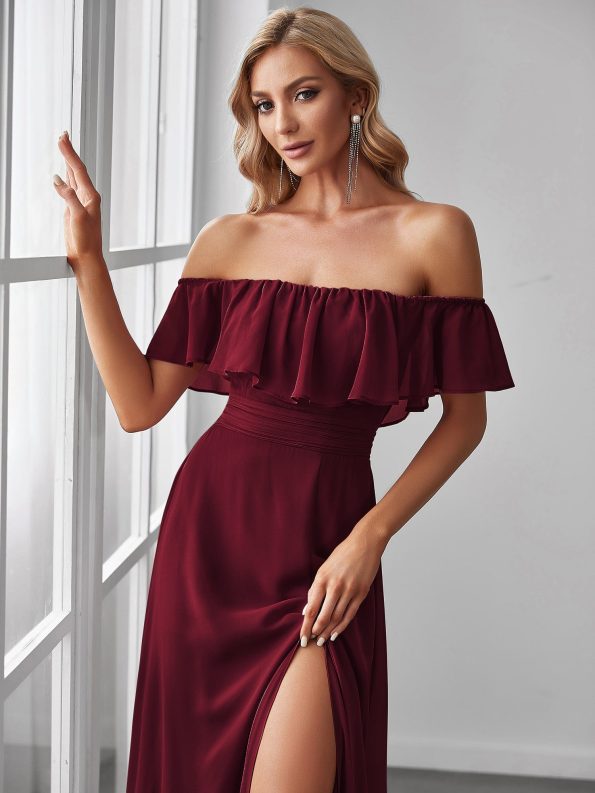 Women's Off Shoulder Ruffle Thigh Slit Bridesmaid Dresses - Burgundy