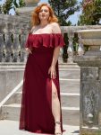 Women’s Off Shoulder Ruffle Thigh Slit Bridesmaid Dresses – Burgundy