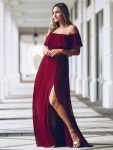 Women’s Off Shoulder Ruffle Thigh Slit Bridesmaid Dresses – Burgundy