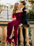 Women’s Off Shoulder Ruffle Thigh Slit Bridesmaid Dresses – Burgundy