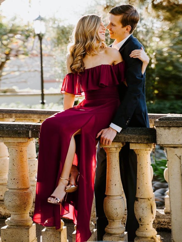 Women's Off Shoulder Ruffle Thigh Slit Bridesmaid Dresses - Burgundy