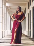 Women’s Off Shoulder Ruffle Thigh Slit Bridesmaid Dresses – Burgundy