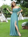 Women’s Off Shoulder Ruffle Thigh Slit Bridesmaid Dresses – Dusty Blue