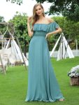 Women’s Off Shoulder Ruffle Thigh Slit Bridesmaid Dresses – Dusty Blue