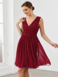 Women Sleeveless V Neck Short Bridesmaid Dress - Burgundy