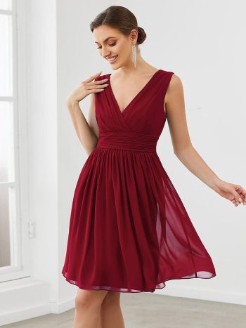 Women Sleeveless V Neck Short Bridesmaid Dress - Burgundy