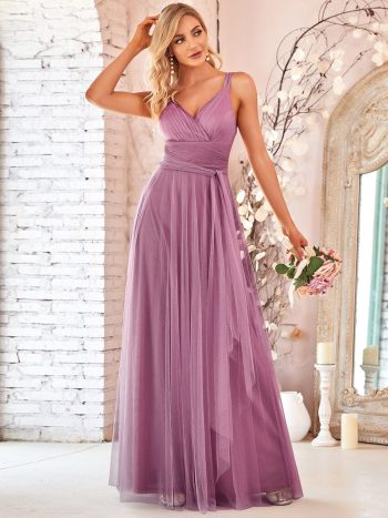 Floor Length Double V Neck Tulle Bridesmaid Dresses - Purple Orchid