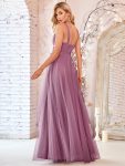 Floor Length Double V Neck Tulle Bridesmaid Dresses – Purple Orchid