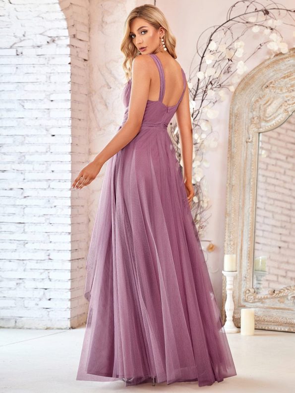 Floor Length Double V Neck Tulle Bridesmaid Dresses - Purple Orchid