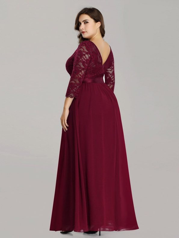 See-Through Floor Length Lace Evening Dress with Half Sleeve - Burgundy