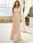 See-Through Floor Length Lace Evening Dress with Half Sleeve – Blush