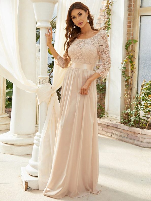 See-Through Floor Length Lace Evening Dress with Half Sleeve - Blush