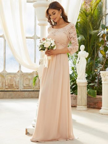 See-Through Floor Length Lace Evening Dress with Half Sleeve - Blush