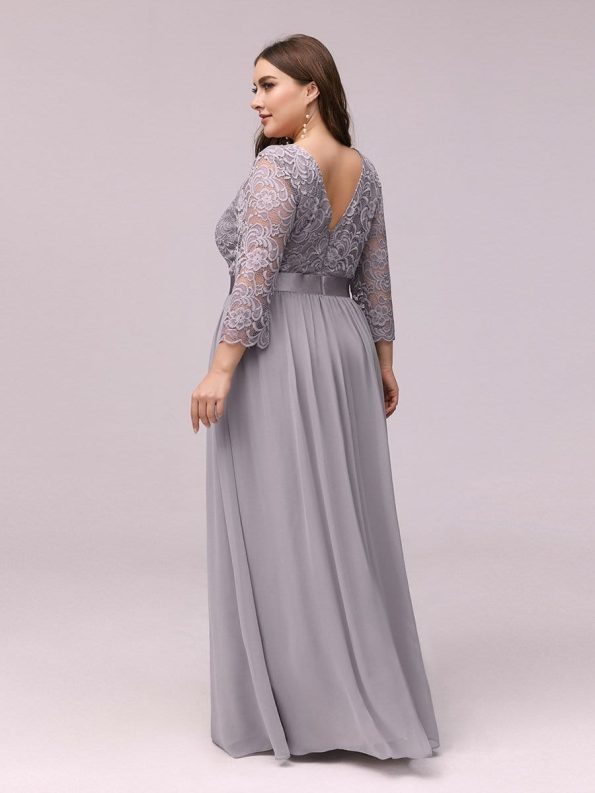 See-Through Floor Length Lace Evening Dress with Half Sleeve - Grey