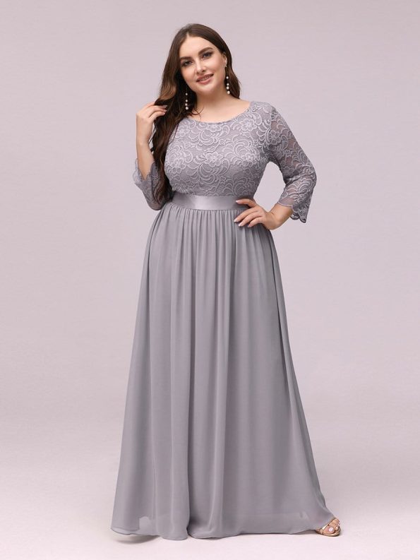 See-Through Floor Length Lace Evening Dress with Half Sleeve - Grey