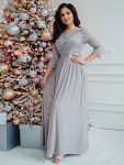 See-Through Floor Length Lace Evening Dress with Half Sleeve – Grey