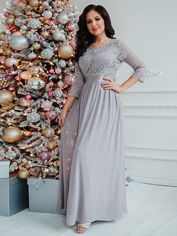 See-Through Floor Length Lace Evening Dress with Half Sleeve - Grey