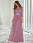 See-Through Floor Length Lace Evening Dress with Half Sleeve – Purple Orchid