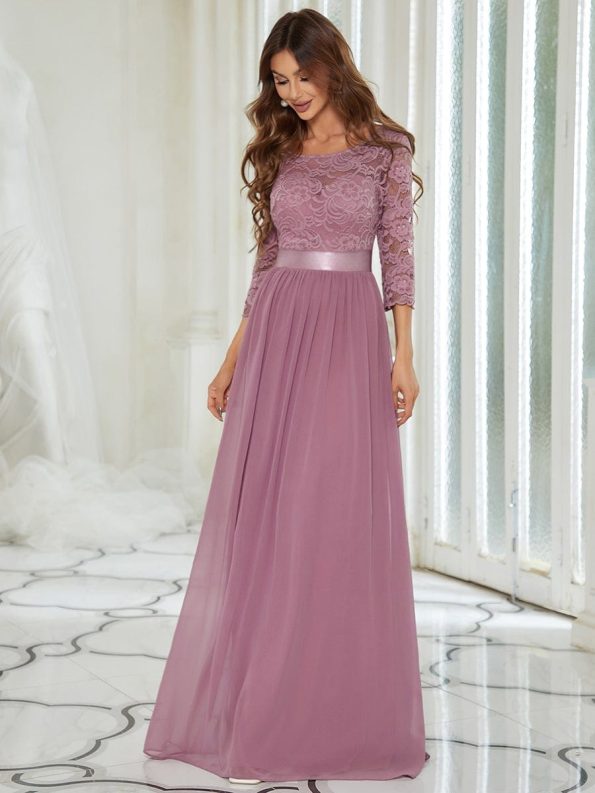 See-Through Floor Length Lace Evening Dress with Half Sleeve - Purple Orchid