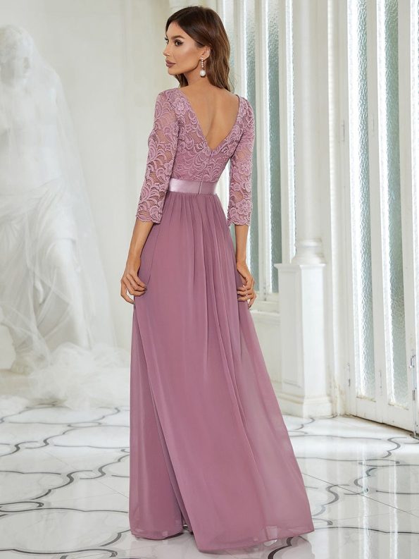 See-Through Floor Length Lace Evening Dress with Half Sleeve - Purple Orchid