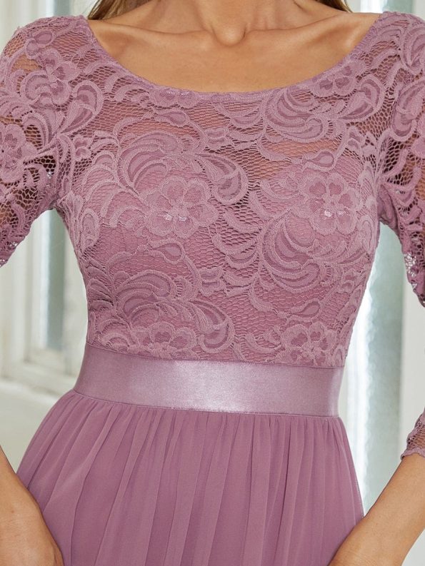 See-Through Floor Length Lace Evening Dress with Half Sleeve - Purple Orchid