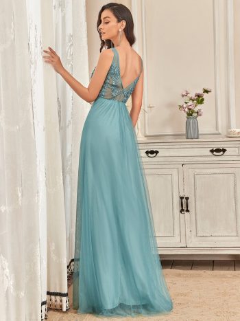 Maxi Long Elegant Ethereal Tulle Evening Dress - Dusty Blue