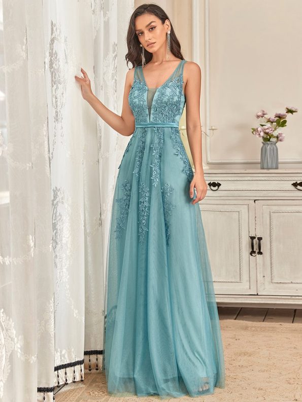 Maxi Long Elegant Ethereal Tulle Evening Dress - Dusty Blue