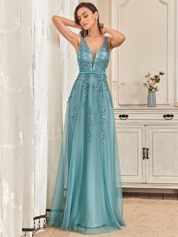 Maxi Long Elegant Ethereal Tulle Evening Dress - Dusty Blue