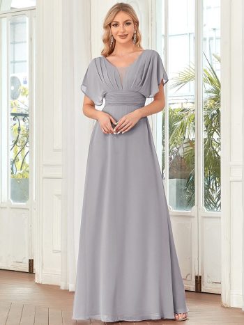 Women's A-Line Empire Waist Maxi Chiffon Evening Dress - Grey