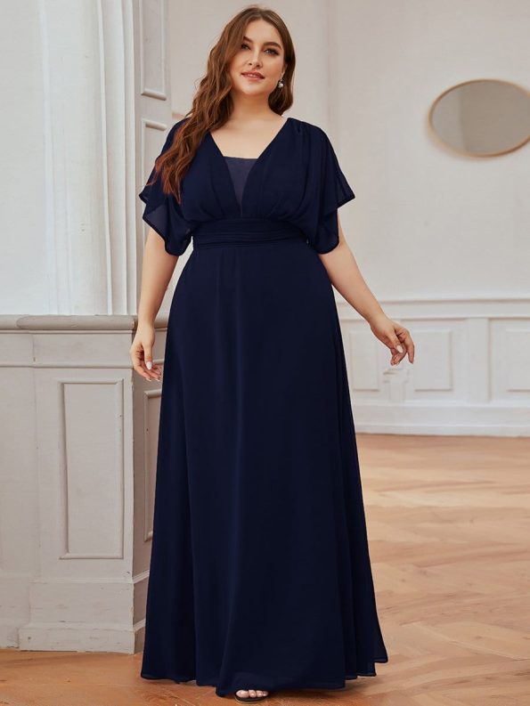 Women's A-Line Empire Waist Maxi Chiffon Evening Dress - Navy Blue