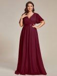 Double V-Neck Floor-Length Short Sleeve Tulle Bridesmaid Dresses – Burgundy