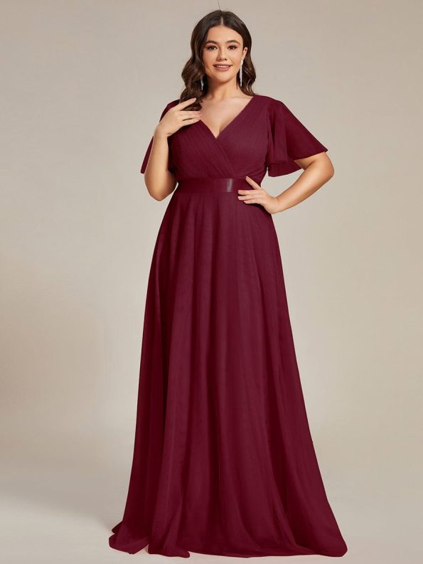 Double V-Neck Floor-Length Short Sleeve Tulle Bridesmaid Dresses - Burgundy