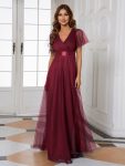 Double V-Neck Floor-Length Short Sleeve Tulle Bridesmaid Dresses - Burgundy