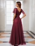 Double V-Neck Floor-Length Short Sleeve Tulle Bridesmaid Dresses – Burgundy