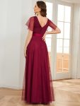 Double V-Neck Floor-Length Short Sleeve Tulle Bridesmaid Dresses – Burgundy