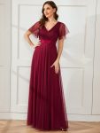 Double V-Neck Floor-Length Short Sleeve Tulle Bridesmaid Dresses – Burgundy