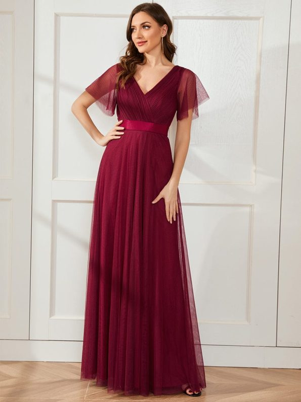 Double V-Neck Floor-Length Short Sleeve Tulle Bridesmaid Dresses - Burgundy