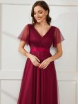 Double V-Neck Floor-Length Short Sleeve Tulle Bridesmaid Dresses – Burgundy