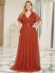 V-Neck Floor-Length Short Sleeve Tulle Bridesmaid Dresses – Burnt Orange