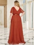 V-Neck Floor-Length Short Sleeve Tulle Bridesmaid Dresses – Burnt Orange